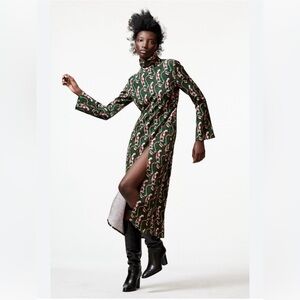 ZARA WOMAN'S PAISLEY PRINTED MIDI DRESS GREEN/MULTICOLOR MEDIUM